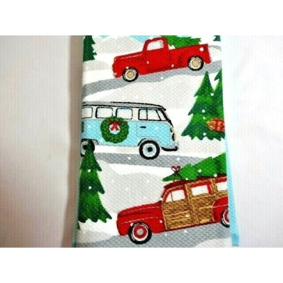 Nicole Miller 2 Kitchen Towels Beach Van Woody Wagon Red Truck Winter Holiday - Picture 2 of 3